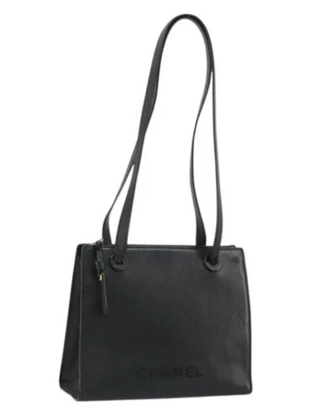 CHANEL Tote Bag Grained Calf Skin Black Gold CC Auth 178022